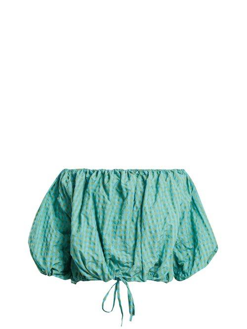 Matchesfashion.com Marques'almeida - Off The Shoulder Gingham Jacquard Top - Womens - Blue Multi