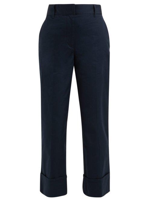 Matchesfashion.com Prada - Logo Patch Turned Up Cuff Cotton Trousers - Womens - Navy