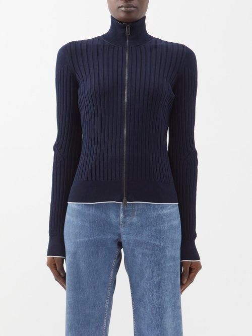 Bottega Veneta - High-neck Ribbed-cotton Cardigan - Womens - Navy