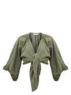 Matchesfashion.com Adriana Degreas - Tie-front Linen-blend Shirt - Womens - Green