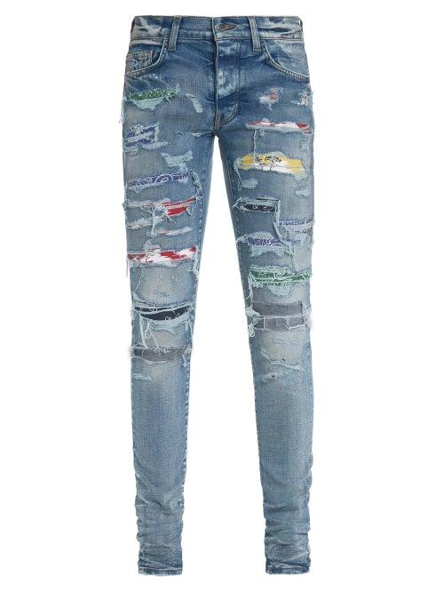 Matchesfashion.com Amiri - Rainbow Patch Distressed Skinny Jeans - Mens - Blue