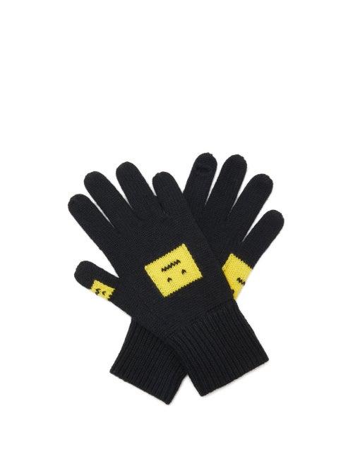 Acne Studios - Evil Face-intarsia Wool Gloves - Mens - Black Yellow