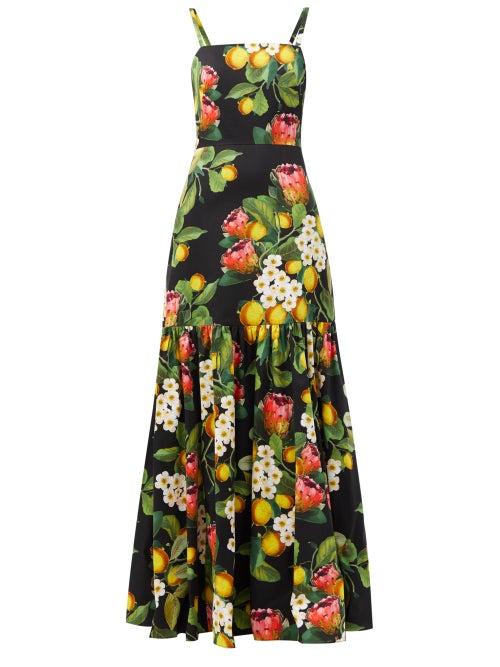 Matchesfashion.com Borgo De Nor - Cordelia Lemon Blossom-print Cotton Maxi Dress - Womens - Black Yellow