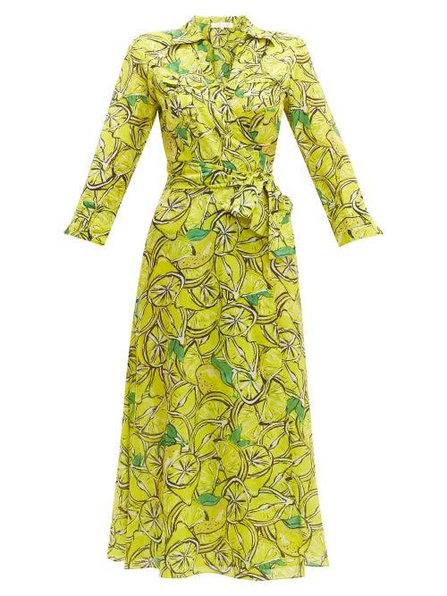 Matchesfashion.com Diane Von Furstenberg - Lemon Print Cotton Blend Wrap Dress - Womens - Yellow Multi