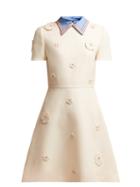 Matchesfashion.com Valentino - Floral Appliqu Wool And Silk Blend Crepe Dress - Womens - Ivory Multi