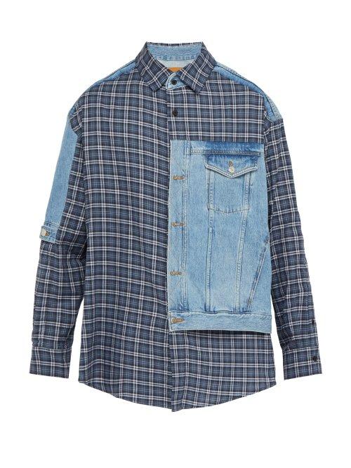Matchesfashion.com Martine Rose - Hybrid Denim And Checked Cotton Shirt - Mens - Light Denim