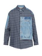 Matchesfashion.com Martine Rose - Hybrid Denim And Checked Cotton Shirt - Mens - Light Denim