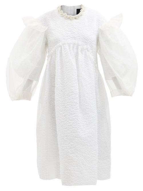 Simone Rocha - Embellished Neckline Balloon-sleeve Cloqu Dress - Womens - Ivory