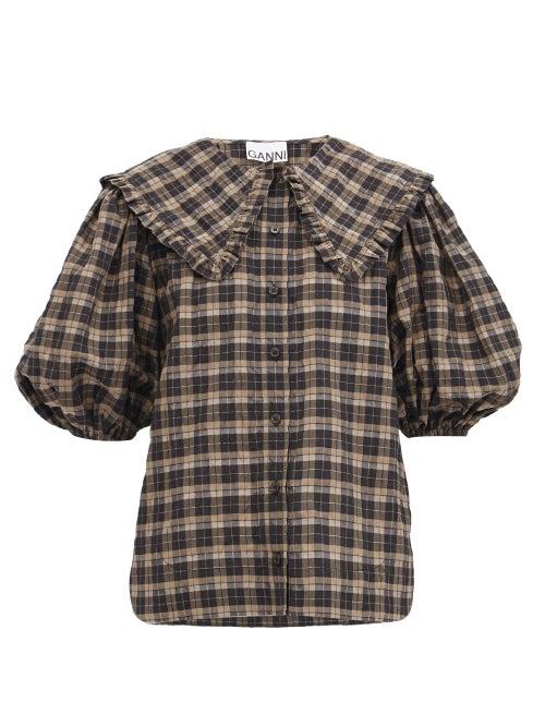 Matchesfashion.com Ganni - Ruffled-collar Check Seersucker Blouse - Womens - Black Brown