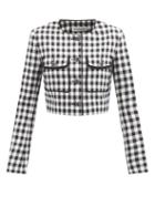 Self-portrait - Round-neck Checked-twill Cropped Jacket - Womens - Black White