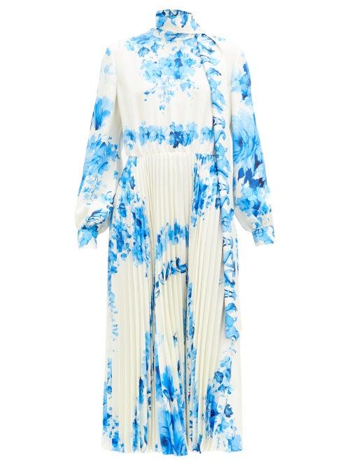 Matchesfashion.com Valentino - Scarf-neck Pleated Floral-print Silk-twill Dress - Womens - Blue White