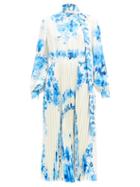 Matchesfashion.com Valentino - Scarf-neck Pleated Floral-print Silk-twill Dress - Womens - Blue White