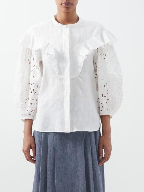 Chlo - Ruffle Broderie Anglaise Linen-voile Blouse - Womens - Ivory