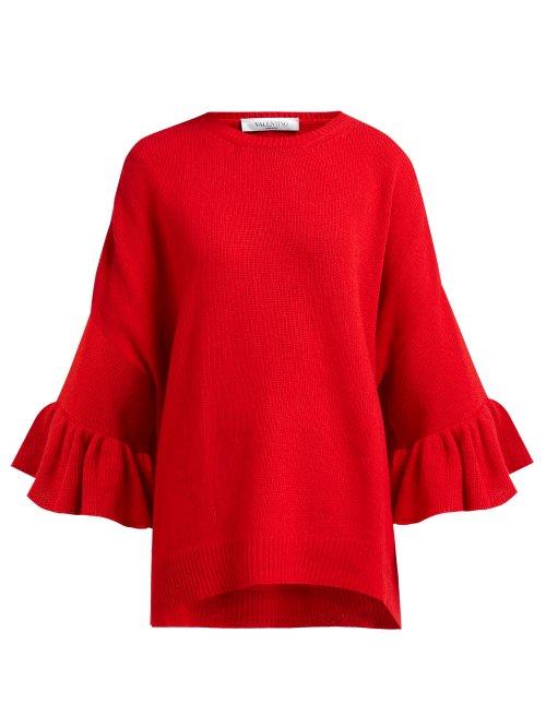 Matchesfashion.com Valentino - Ruffled Cuff Virgin Wool Blend Sweater - Womens - Red