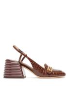 Matchesfashion.com Fendi - Promenade Slingback Crocodile-effect Leather Pumps - Womens - Dark Brown