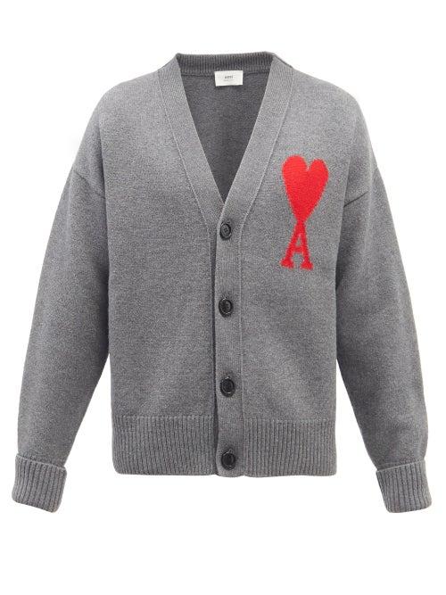 Ami - Ami De Caur-logo Wool-felt Cardigan - Mens - Grey