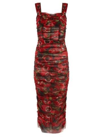 Matchesfashion.com Dolce & Gabbana - Anemone Print Ruched Tulle Dress - Womens - Black Multi