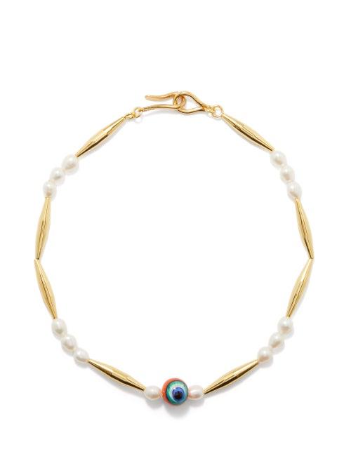Tohum - Evil Eye Glass, Pearl & 24kt Gold-plated Necklace - Womens - Orange