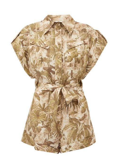 Matchesfashion.com Zimmermann - Brighton Leaf-print Belted Canvas Playsuit - Womens - Green Print