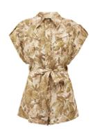 Matchesfashion.com Zimmermann - Brighton Leaf-print Belted Canvas Playsuit - Womens - Green Print