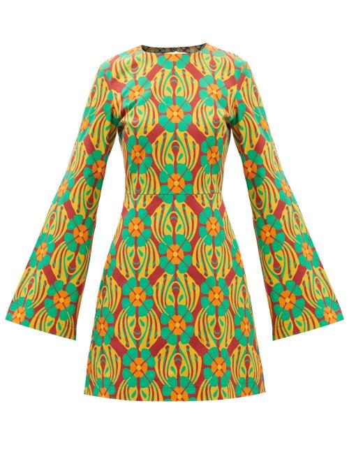 La Doublej - Spock Clover-print Twill Mini Dress - Womens - Green Multi