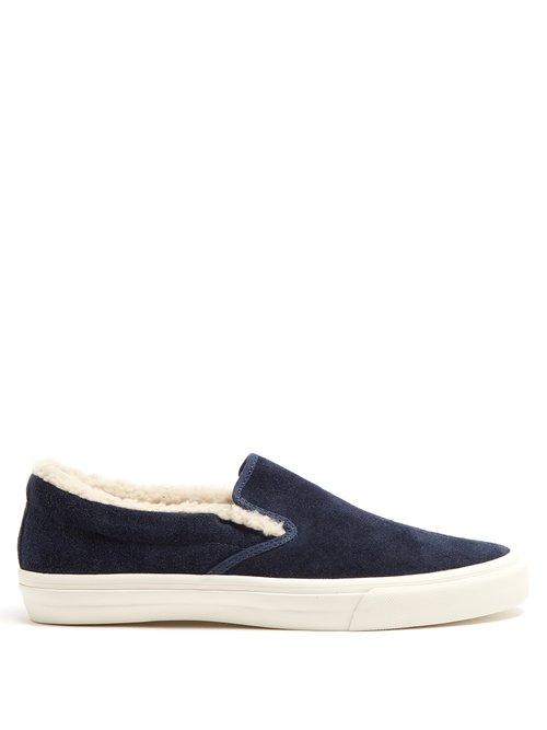 Matchesfashion.com Junya Watanabe - Faux Shearling Lined Suede Slip On Trainers - Mens - Navy Multi
