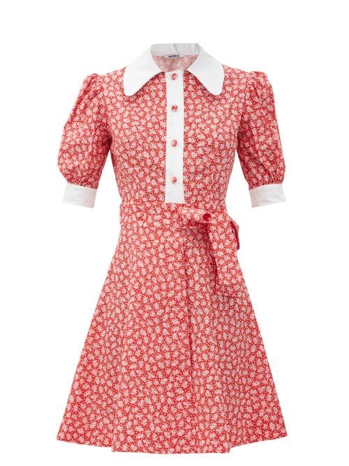 Matchesfashion.com Batsheva - Tie-waist Floral-print Cotton Dress - Womens - Red