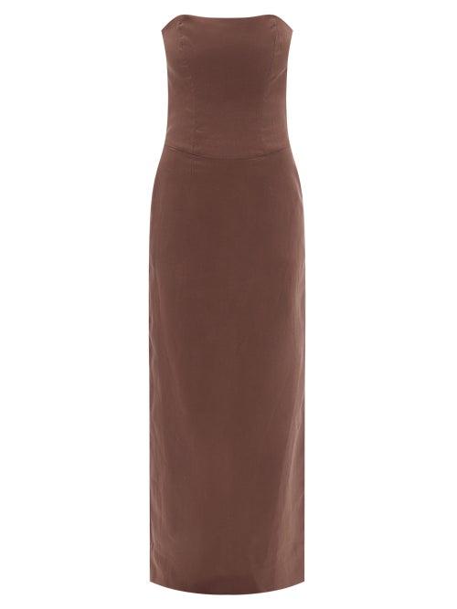 Ladies Beachwear Albus Lumen - Strapless Linen Maxi Dress - Womens - Brown