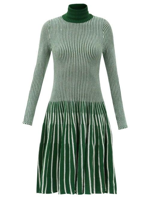 Matchesfashion.com Thebe Magugu - Roll-neck Striped Wool Dress - Womens - Green Stripe
