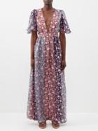 Hannah Artwear - Suri Shiva-print Plunge-neck Silk Maxi Dress - Womens - Pink Multi