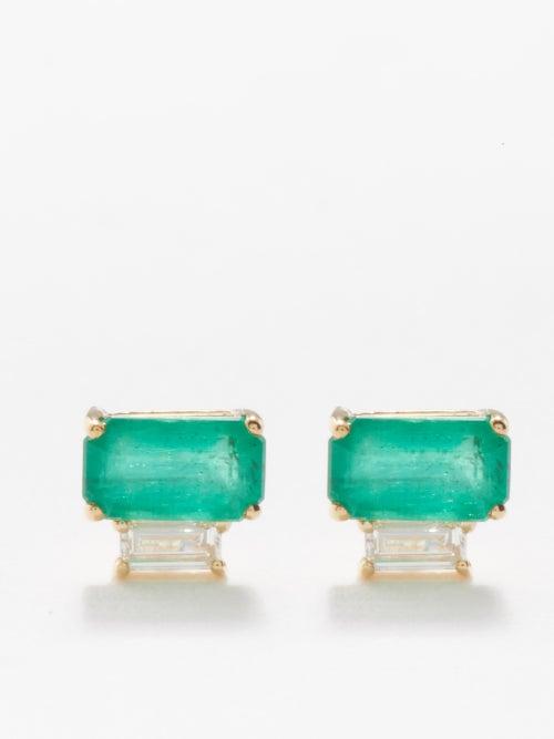 Shay - Two Step Diamond, Emerald & 18kt Gold Earrings - Womens - Green Multi