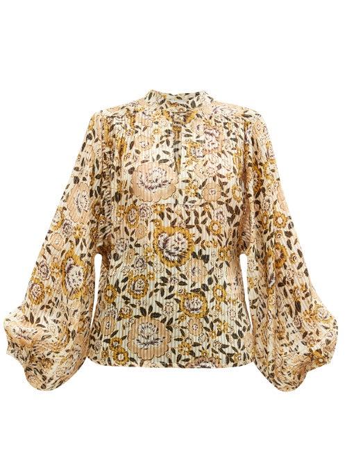 Matchesfashion.com Etro - Burmese Floral-print Pliss Silk-blend Blouse - Womens - Yellow Multi