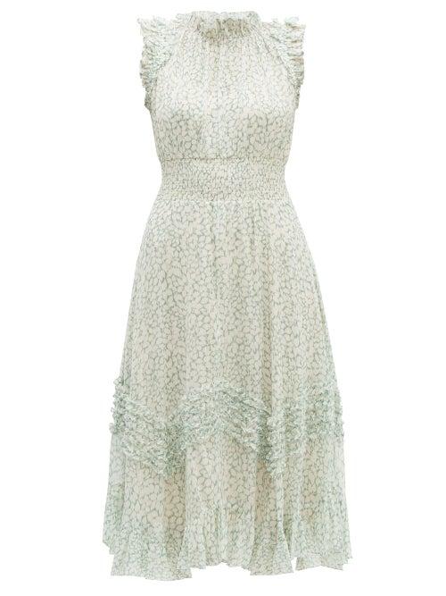 Matchesfashion.com Rebecca Taylor - Ikat Leaf Silk And Cotton Blend Midi Dress - Womens - Light Green