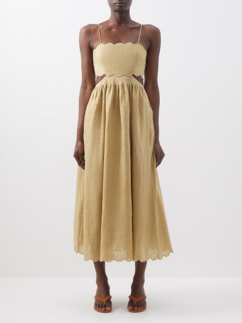 Zimmermann - Jude Scalloped Linen Midi Dress - Womens - Khaki
