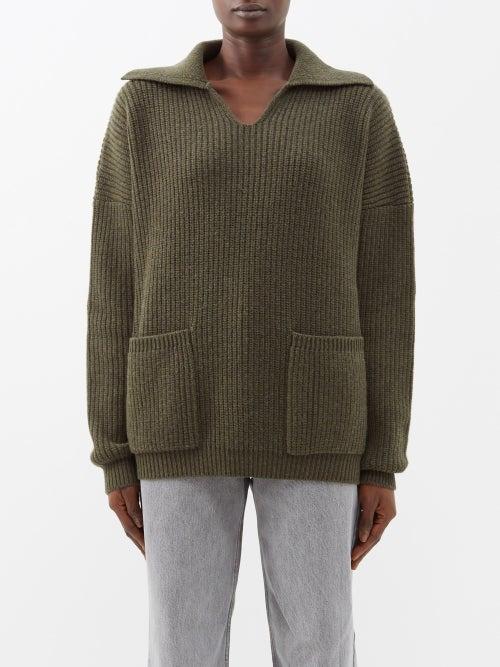 Raey - Responsible Wool Open-collar Rib Knit Rugby Jumper - Womens - Dark Khaki