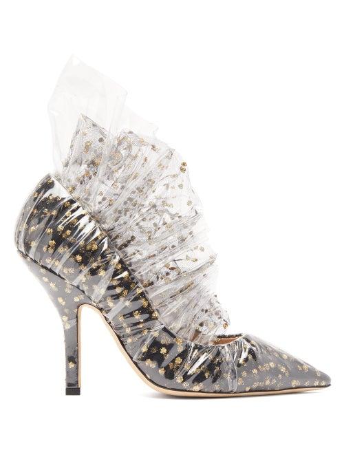 Matchesfashion.com Midnight 00 - Shell Polka Dot Tulle And Pvc Pumps - Womens - Black Gold