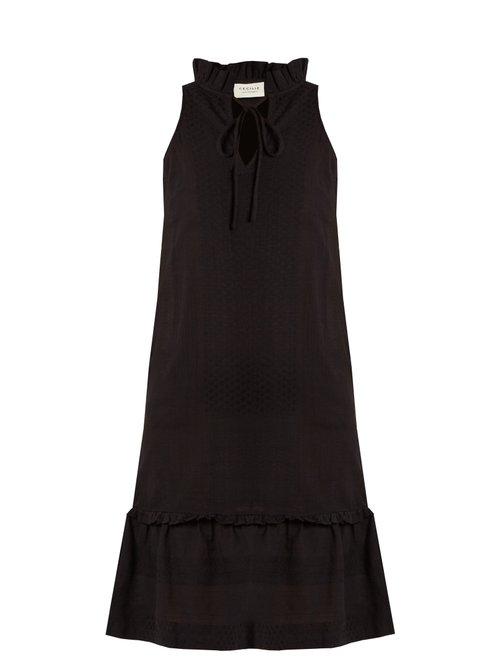 Matchesfashion.com Cecilie Copenhagen - Tie Neck Scarf Jacquard Cotton Dress - Womens - Black