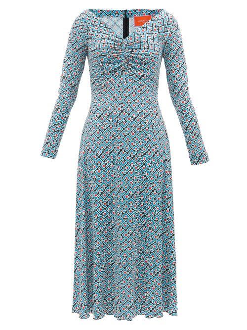 La Doublej - Ballerina Puzzle-print Midi Dress - Womens - Blue Multi