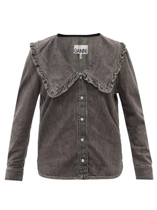 Ganni - Chelsea-collar Denim Shirt - Womens - Grey