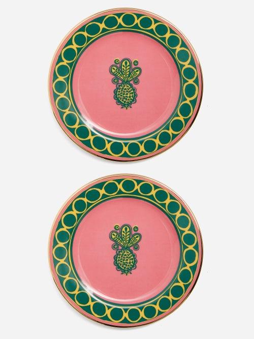 La Doublej - Set Of Two 18kt-gilded Porcelain Dessert Plates - Womens - Pink Multi