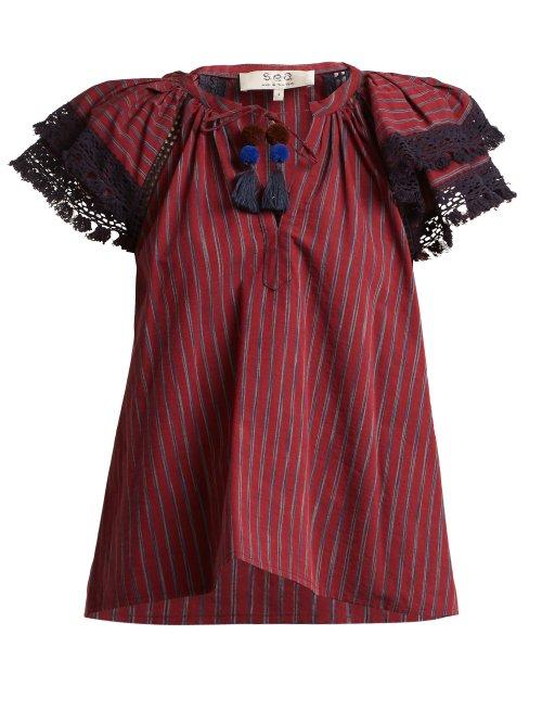Matchesfashion.com Sea - Ines Ruffle Trimmed Striped Top - Womens - Burgundy