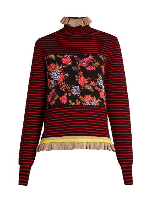 Msgm Striped Floral Ruffled-hem Sweater