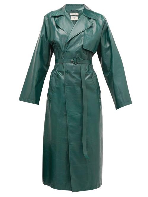 Matchesfashion.com Bottega Veneta - Ribbed-waist Double-breasted Leather Trench Coat - Womens - Green