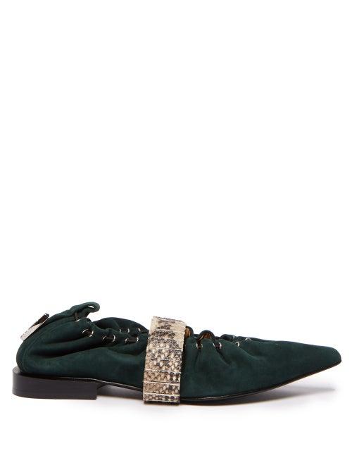 Matchesfashion.com Toga - Snakeskin Effect Strap Drawstring Suede Flats - Womens - Dark Green