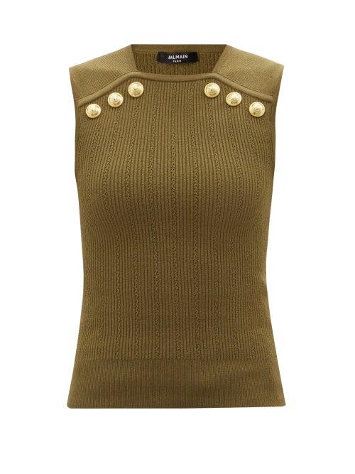 Balmain - Buttoned Ribbed-knit Sleeveless Sweater - Womens - Khaki