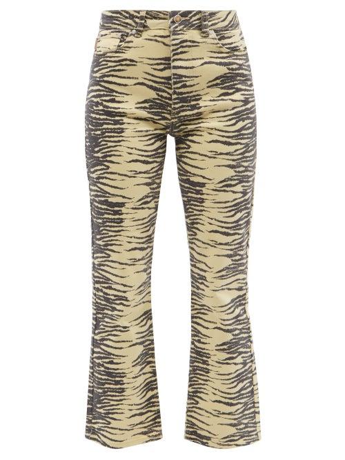 Ladies Rtw Ganni - Zebra-print Organic Cotton-blend Kick-flare Jeans - Womens - Light Yellow
