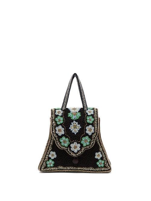 Matchesfashion.com Shrimps - Casey Floral-beaded Satin Handbag - Womens - Black