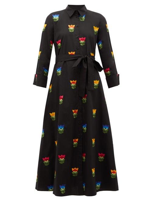 Matchesfashion.com Carolina Herrera - Floral-embroidered Cotton-poplin Shirt Dress - Womens - Black Multi