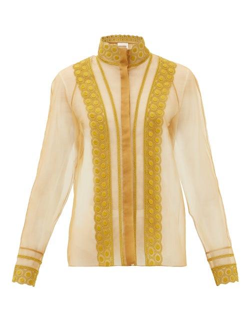 Matchesfashion.com Chlo - High-neck Embroidered Silk-organza Blouse - Womens - Brown
