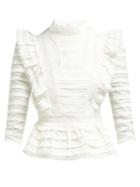 Matchesfashion.com Zimmermann - Allia Pintuck High Neck Linen Blouse - Womens - White